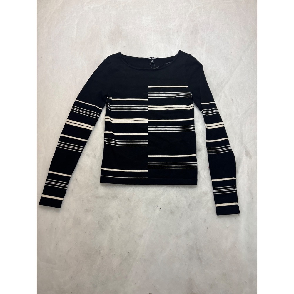 Steve Madden Womens Asymmetrical Striped Long Sleeve Knit Top Black White sz sm